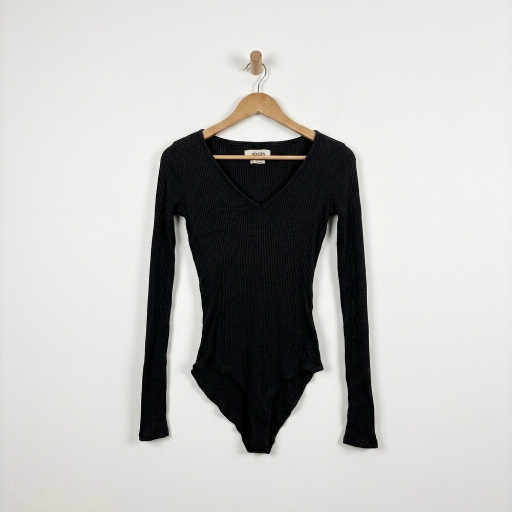 Golden by Tna Aritzia Black Ribbed Knit Long Sleeve V-Neck Bodysuit Small S